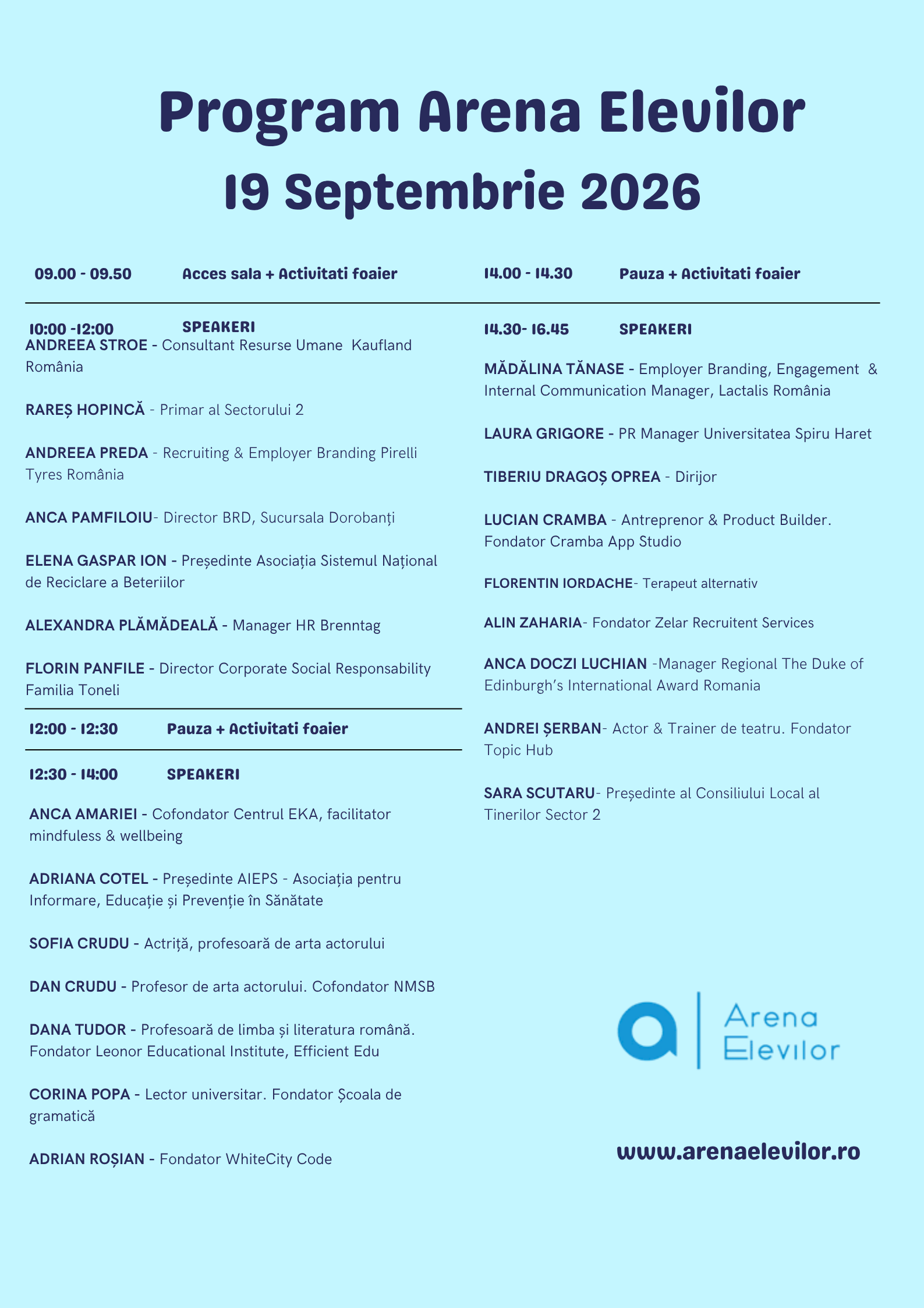 Program arena elevilor 2026 - ziua 1 Cel mai mare eveniment pentru elevi din Europa. Orientare in cariera. Vocatie. Conferinta pentru elevi. Educatie.